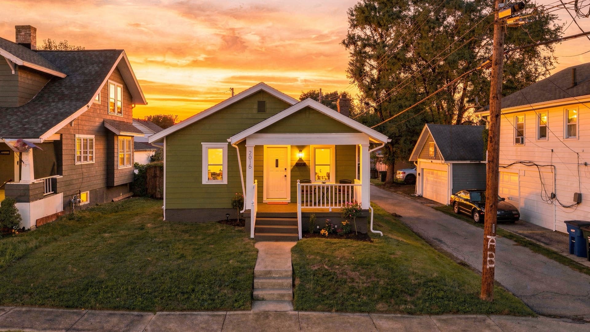 A bungalow on Brookline Avenue in Dayton at dusk