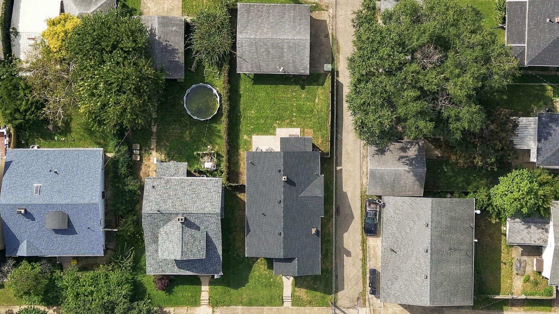 Rooftops of houses on a Dayton street from directly above